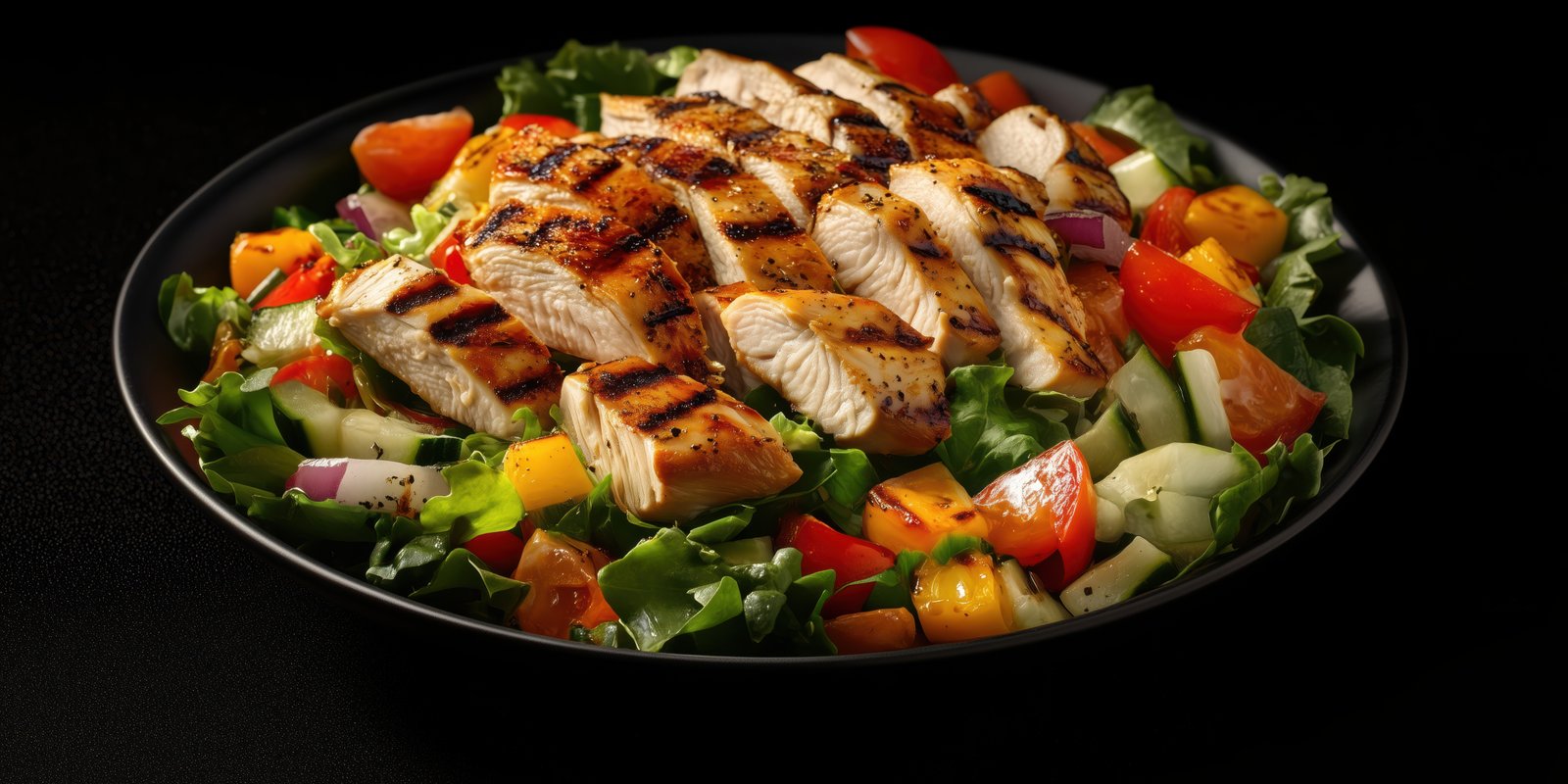 Grilled chicken salad with fresh vegetables served in a vibrant bowl at a dining table